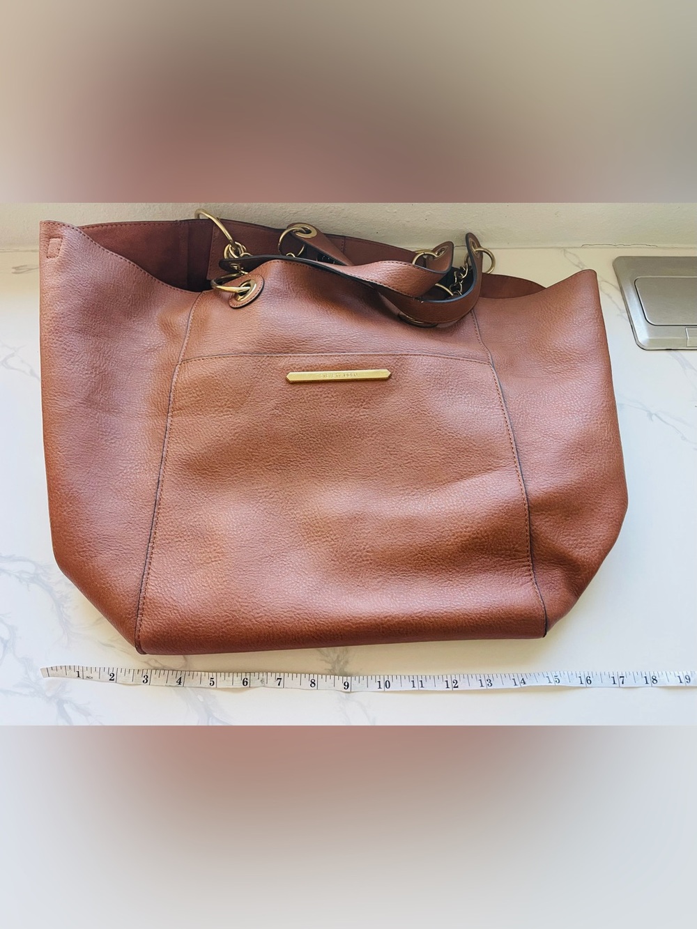 Steve Madden Classic Brown Leather Tote Bag with Chain Accent & Inner bag